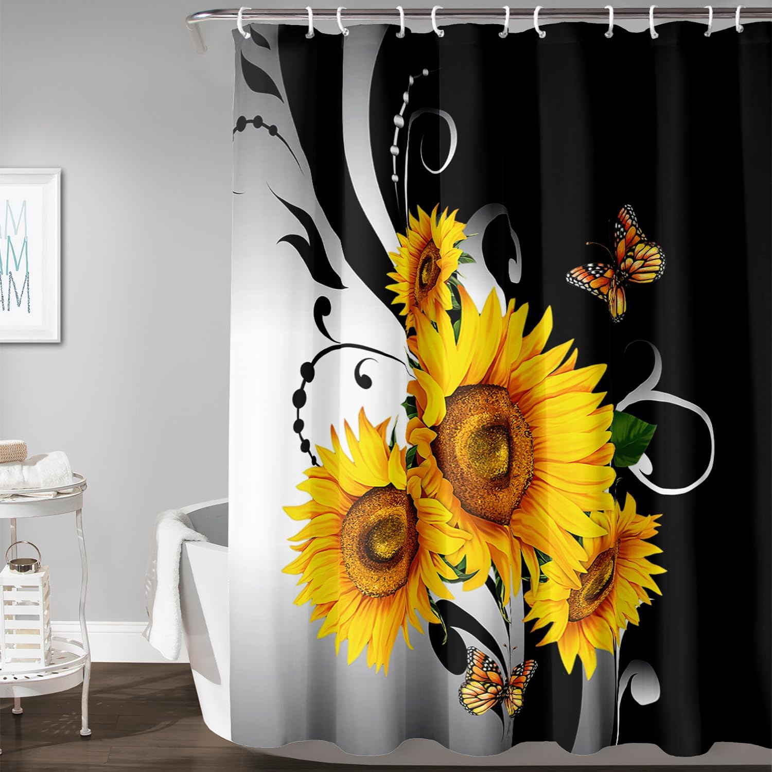 AILONEN Black and White Floral Shower Curtain, Yellow Sunflower Bath Curtain,Flower Butterfly Shower Curtain Decor,Minimalist Waterproof,Girls Women Bathroom Curtain, 72" W x 84" H