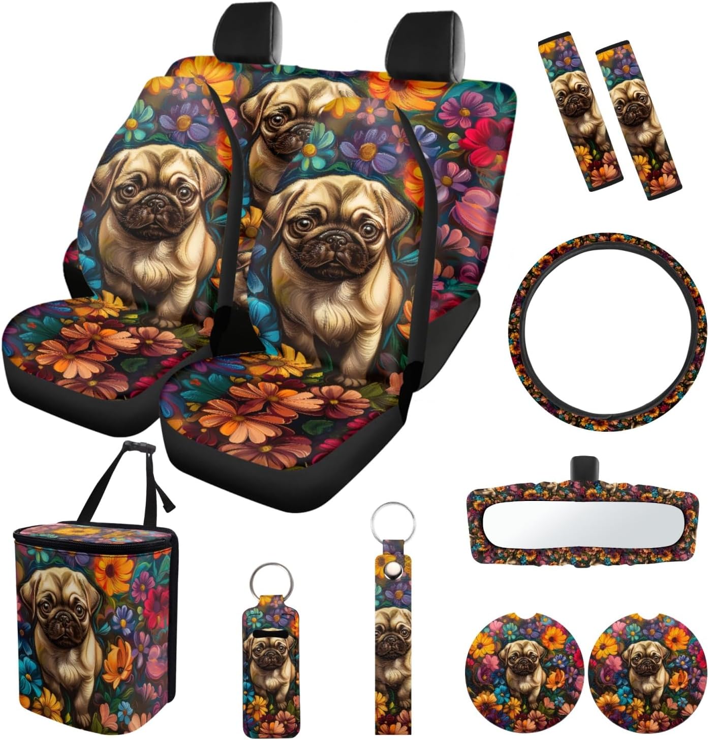 NDISTIN Cute Pug Automobile Interior Sets Car Seat Covers Car Steering Wheel Cover Safe Belt Pads Trash Bag Floral Rearview Mirror Accessories Cup Coasters Keychain Lipstick Holder 13 Pack