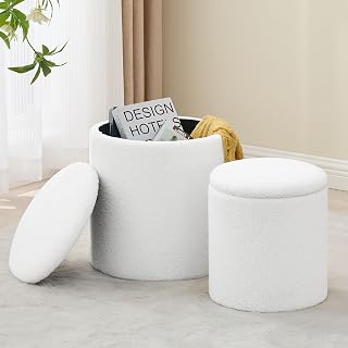 White Boucle Round Storage Ottoman Set of 2 - Nesting Teddy Footstool, Vanity Stool & Coffee Table for Bedroom Living Room