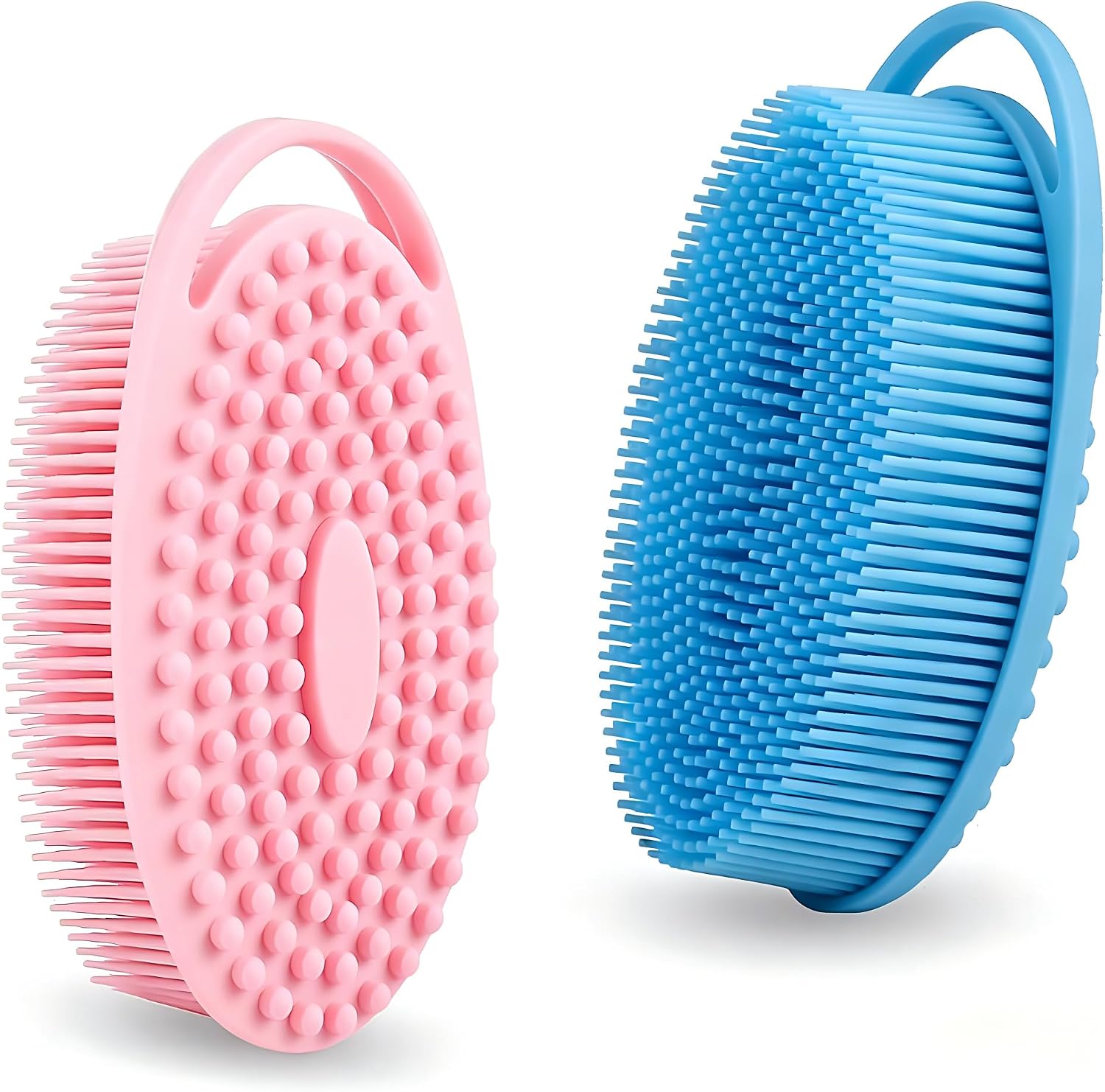 2 Pack Silicone Body Scrubber, Exfoliating Shower Scrubber for All Skin | 2 in 1 dual-sided design, soft bristles and massage bumps side, fast-drying, non-slip handle, for women and men, Blue+Pink