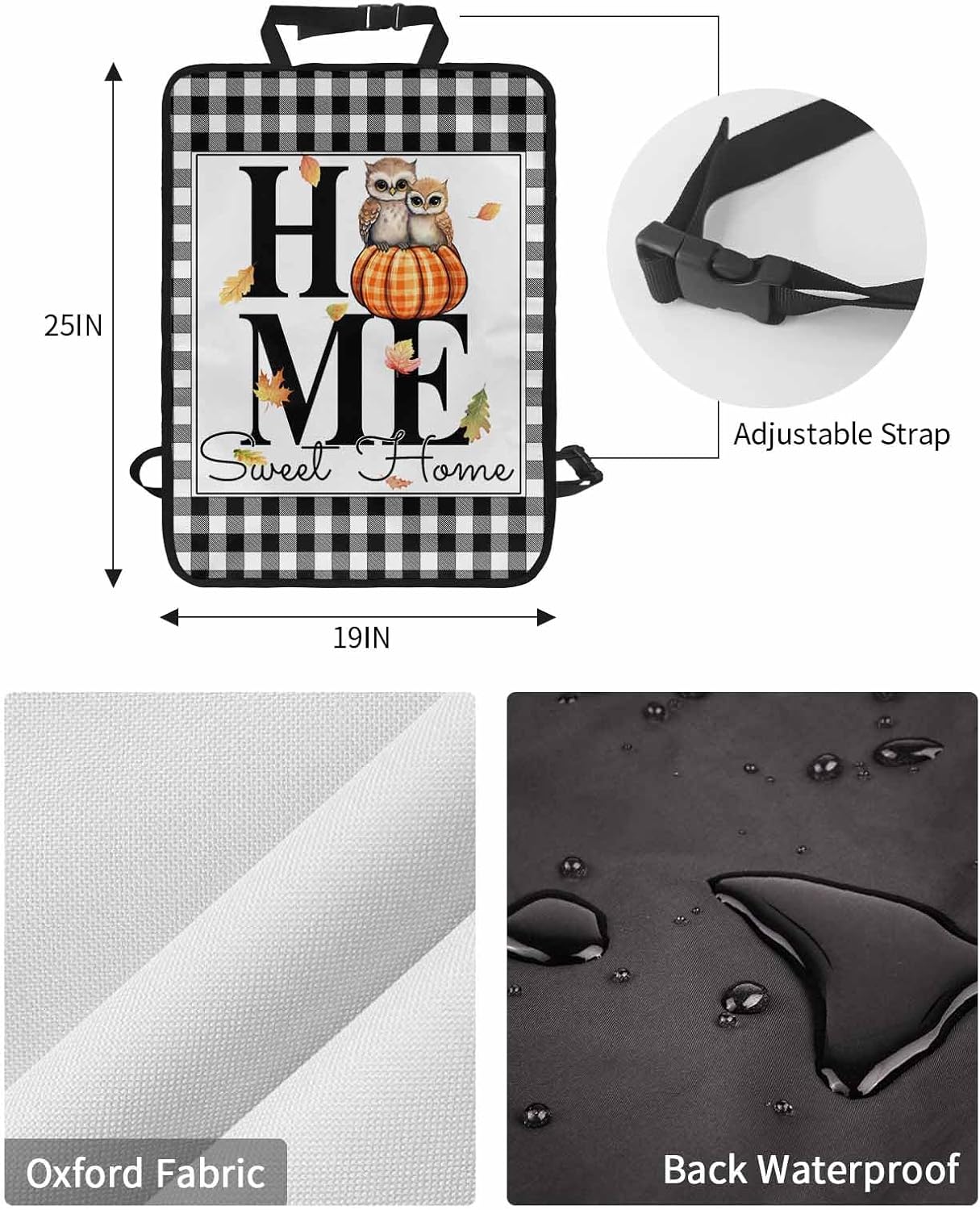 Car Seat Protector, 2 Pack Kick Mats Back Seat Protector Owls Pumpkin Solid White Background Black White Checkered Edge Waterproof Backseat Cover for Kids Universal Fit Automotive Interior Protectors