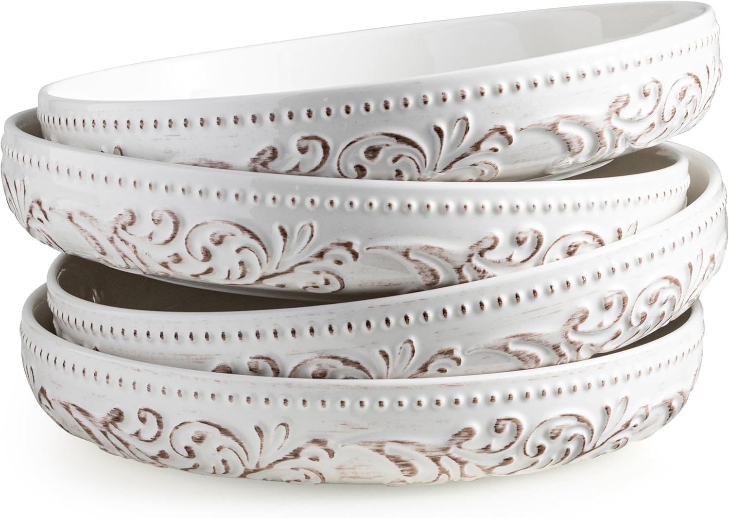 YHOSSEUN Pasta Bowls Set of 4 - 50oz Large Shallow Salad Bowls, 9.75" Ceramic Plates, Microwave Dishwasher Oven Safe, Antique Morning Glory Design