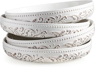 YHOSSEUN Pasta Bowls Set of 4 - 50oz Large Shallow Salad Bowls, 9.75" Ceramic Plates, Microwave Dishwasher Oven Safe, Antique Morning Glory Design