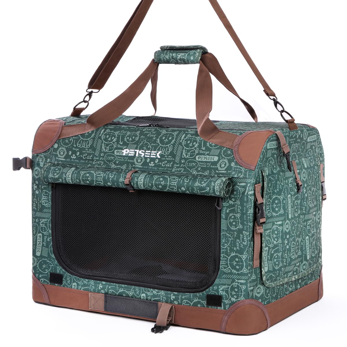 Petseek Extra Large Cat Carrier Soft Sided, Portable Small Dog Carrier for 2 Cats, 24"x16.5"x16" Car Travel Folding Comfortable Design, Green