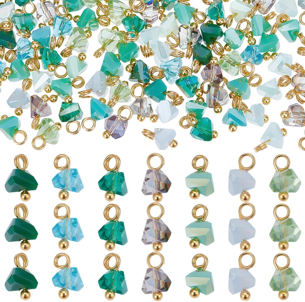PH PandaHall 200pcs Blue Ocean Series Crystal Charms Triangle Faceted Glass Charms Electroplate Dangle Pendant Gemstones with Golden Head Pins for Earring Bracelet Jewelry Making, 8x6mm