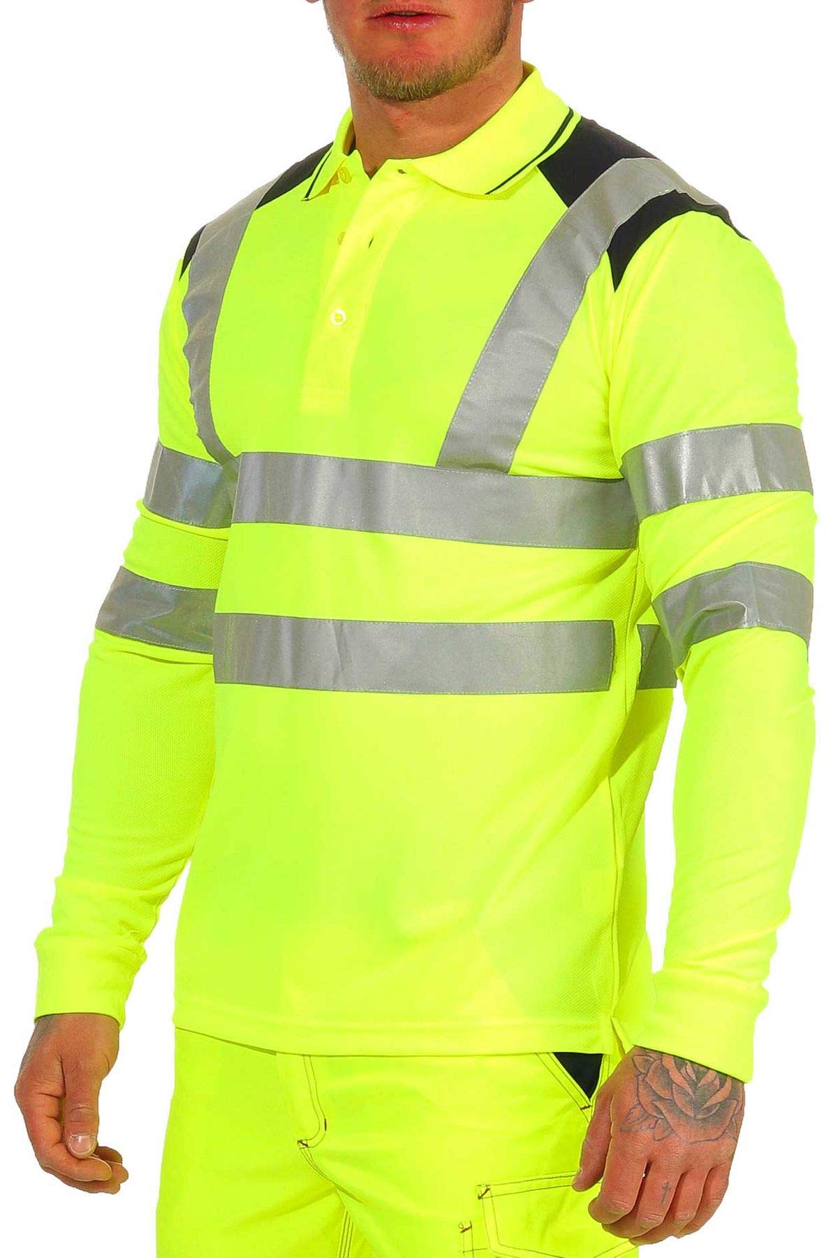 Herren Warnschutz Langarmshirt Poloshirt, Hohe Sichtbarkeit Reflexstreifen EN ISO 20471 Klasse 2