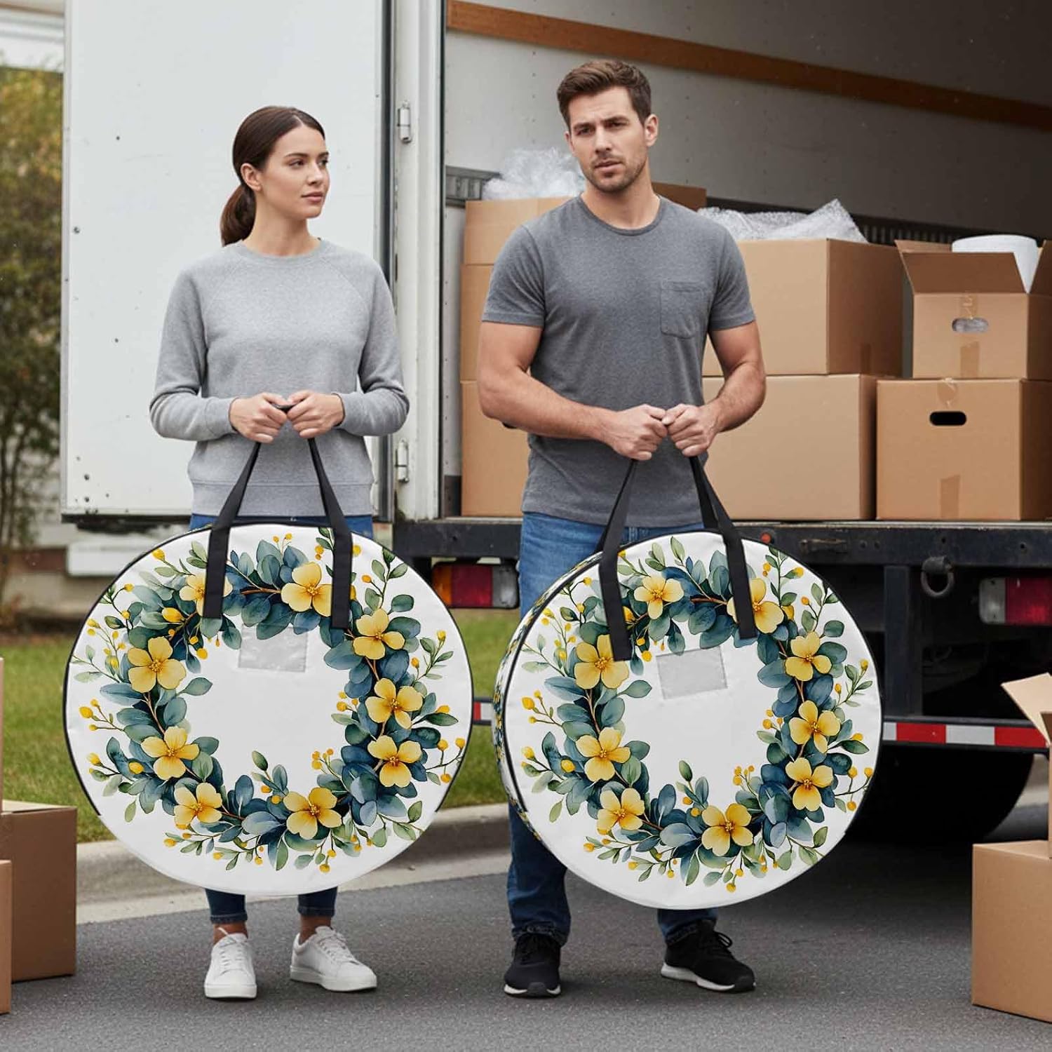 Yellow Flower Eucalyptus Wreath Round Storage Bag 36 Inch, Country Watercolor Floral Green Leaf Clothes Storage Container with Handles Heavy Duty Organizer for Comforter, Bedding & Holiday Wreaths