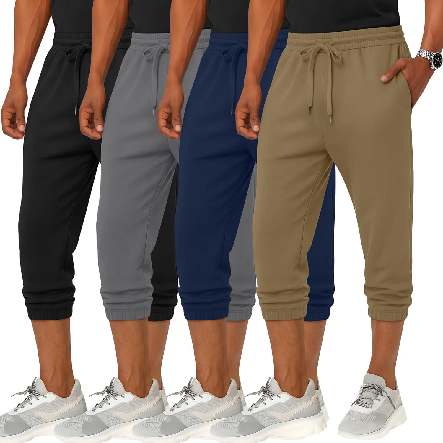 4 Pack Men's 3/4 Joggers Capri Pants Athletic Sweatpants Gym Workout Drawstring Below Knee Pants with Pockets