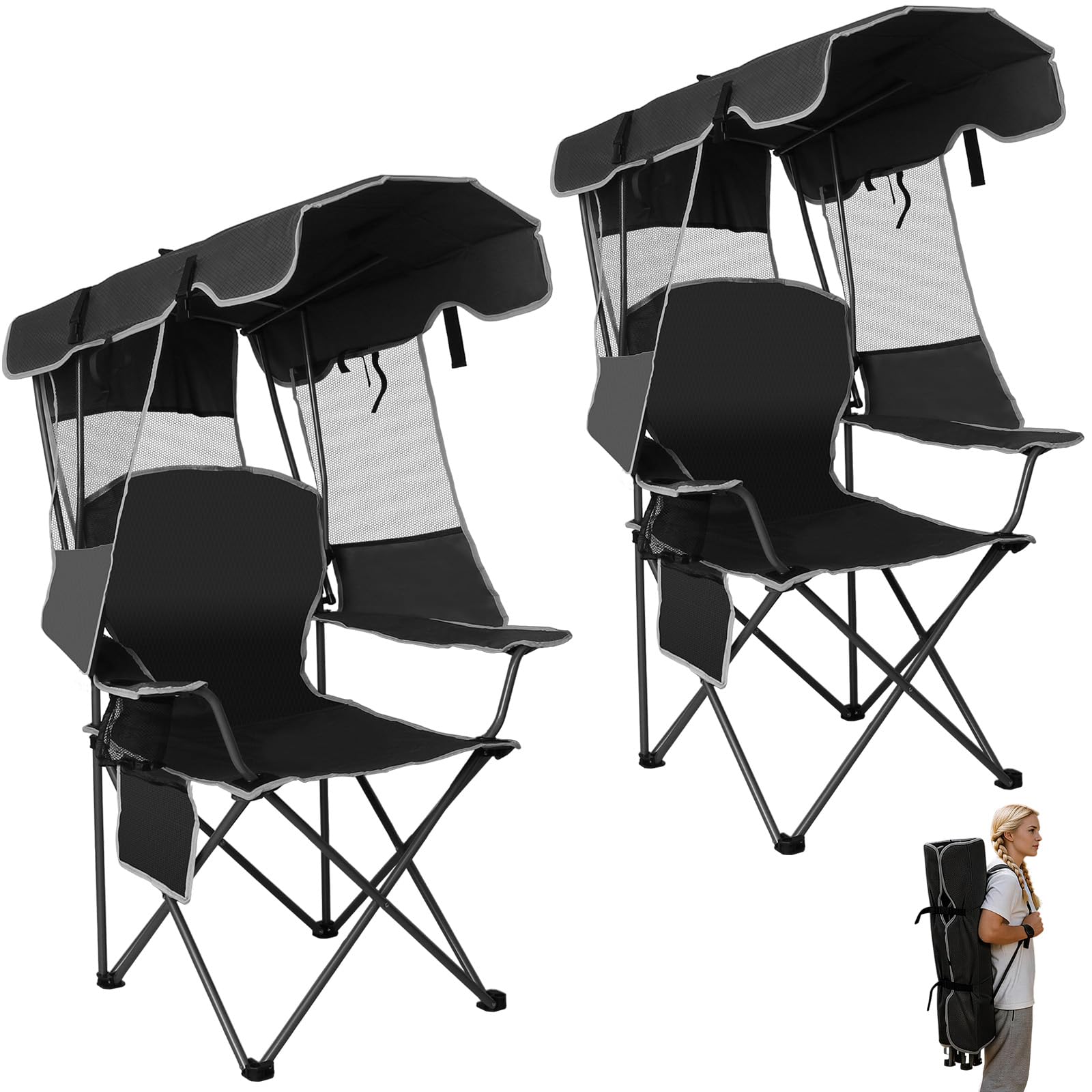 Kamglide 2 Pack Canopy Camping Chairs with Shade, Folding Beach Chair with Full Sun Protection, Portable Heavy Duty Outdoor Chair for Camping, Beach,