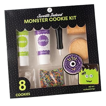 Sweets Indeed Monster Cookie Decorating Kit 14.59 oz Halloween Cookie Kit with 8 Cookies, 2 Frosting Tubes, 1 Icing Tube, Sprinkles & Candy Eyeballs DIY Halloween Decorating Set for Kids & Families