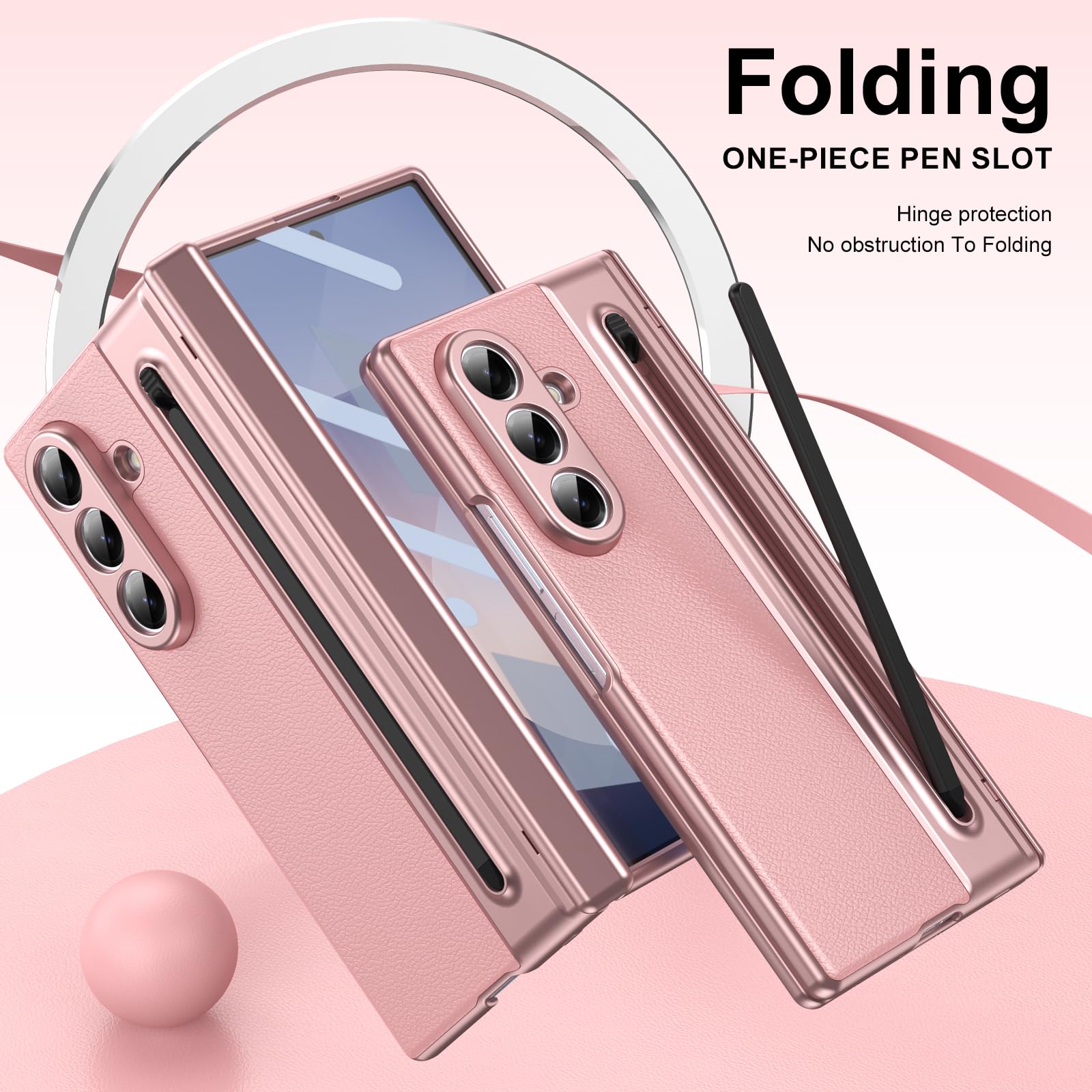 Custodia per Galaxy Z Fold7 con penna stilo, custodia per Fold 7 con protezione per lo schermo + slot per S Pen, custodia in pelle per Samsung Galaxy Z Fold7 con cerniera-Rosa