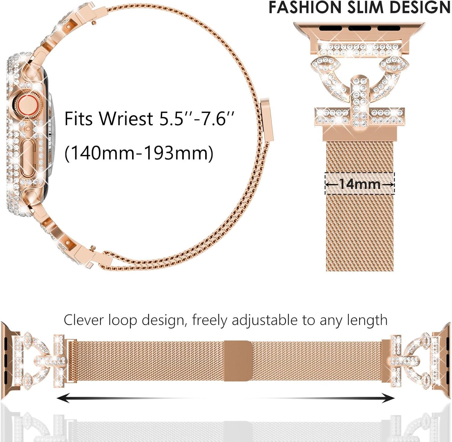 WINGLE Milanese Loop for Apple Watch Bands Women 40mm 41mm 38mm 46mm 45mm 44mm 42mm Series 11 10 SE 3/2/1 9 8 7 6 5 4 3 2 1 Slim Magnetic Mesh Band with Bling Case Protector Dressy iWatch Metal Strap - Image 5