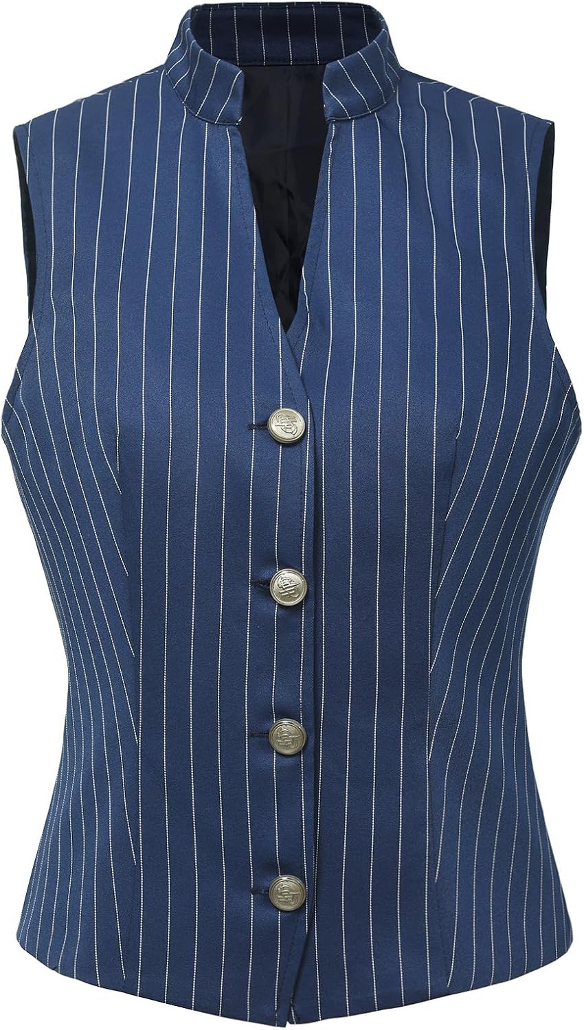 CAMDOM Women's Sleeveless Waistcoat Striped Lace Trim Vest Slim Fit Button Front Top Summer Evening Wear Black