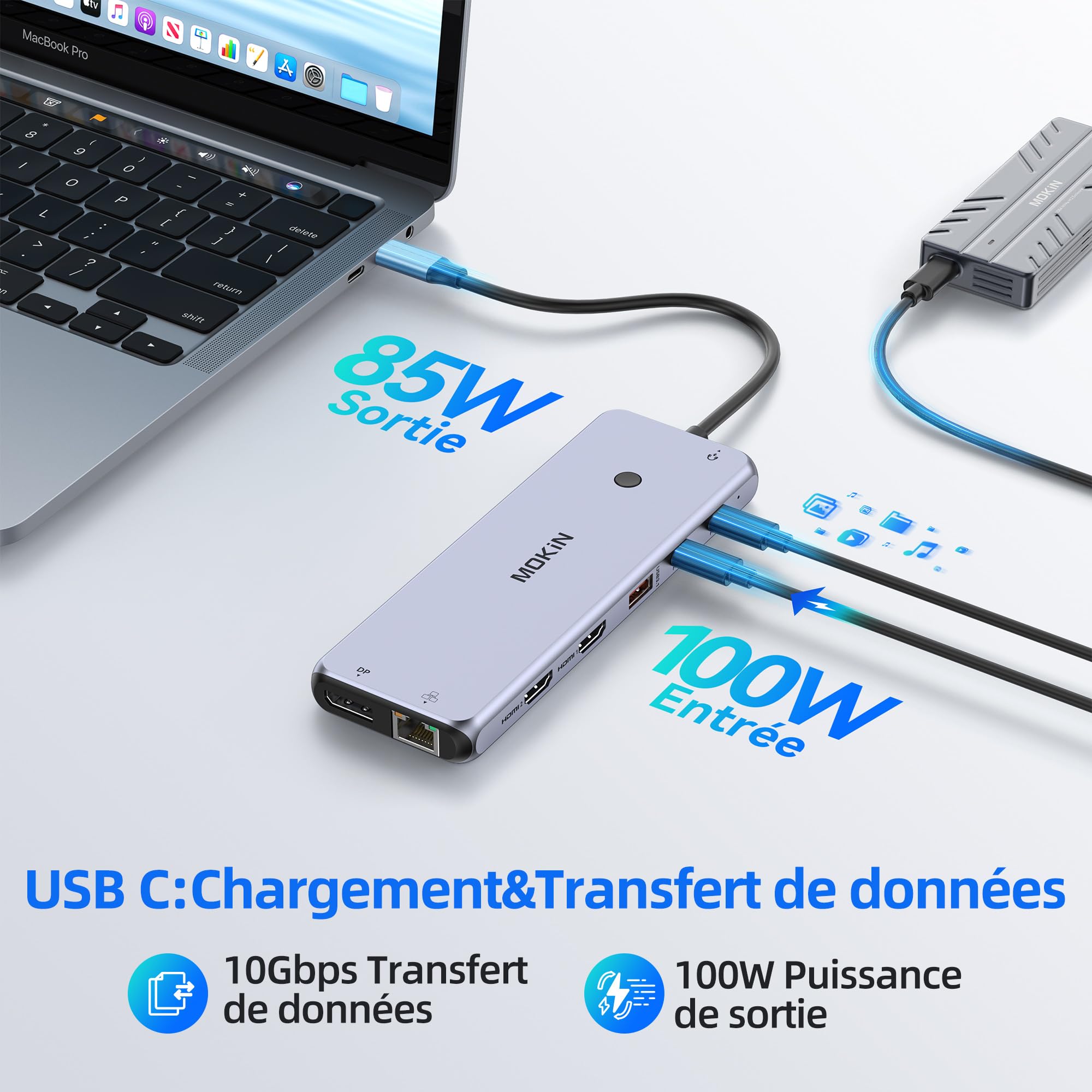 Stacja dokująca 13 w 1 do trzech monitorów z dwoma portami HDMI i DisplayPort 4K, Ethernetu, 2 portami USB-C (100 W PD/10 Gb/s) 6 portami USB-A 3.1/3.0/2.0 i dźwiękiem dla komputerów Dell, HP i Lenovo