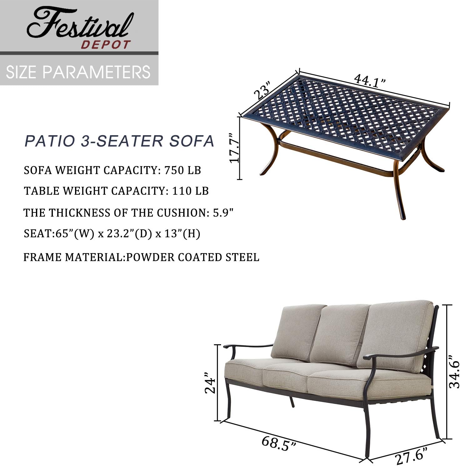 Festival Depot 2Pcs Conversation Set Metal Patio Sofa with Thick Cushions and Coffee Table Outdoor Furniture for Deck Garden (Beige)