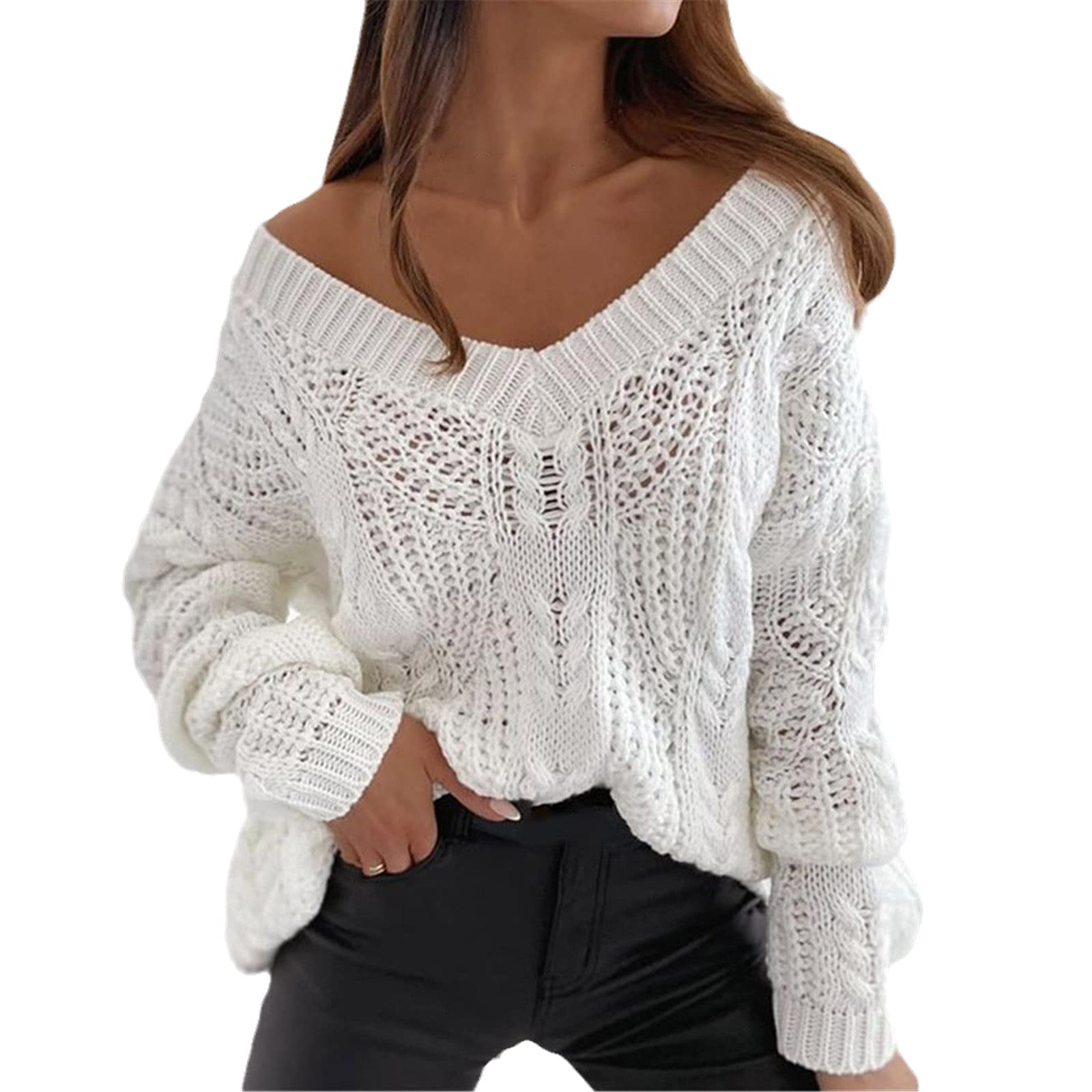 Mujeres Sólido Hueco Suéter De Punto De Punto De Otoño V Cuello Tops Casual Mujer De Manga Larga Suéter Suelto Suéter, blanco, M