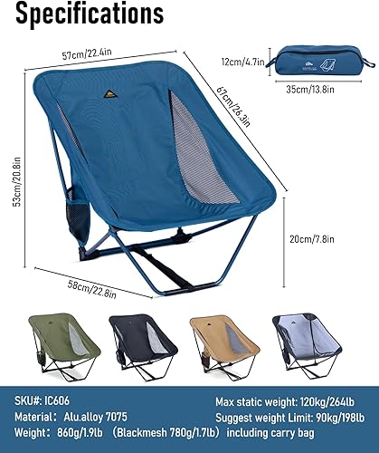 Miniatura 3 de iClimb Silla plegable de camping compacta ultraligera baja con bolsillo lateral y bolsa de transporte (azul)