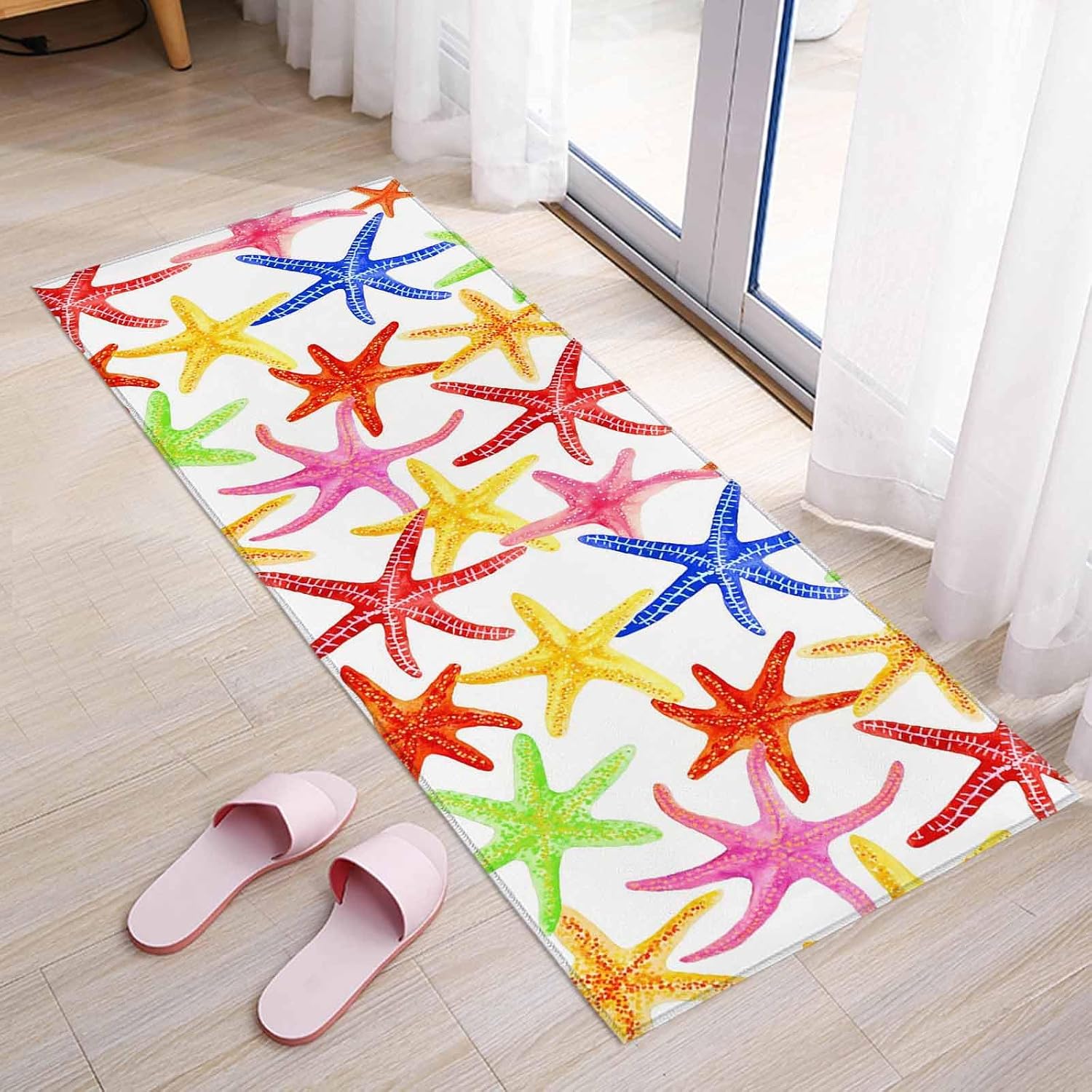 Teamery Kitchen Mats for Floor Summer Ocean Colorful Starfish Washable Non Slip Kitchen Rugs 1PCS, Modern Abstract Art Absorbent Standing Mats for Sink Bathroom Office Living Room 23.6x70.9in