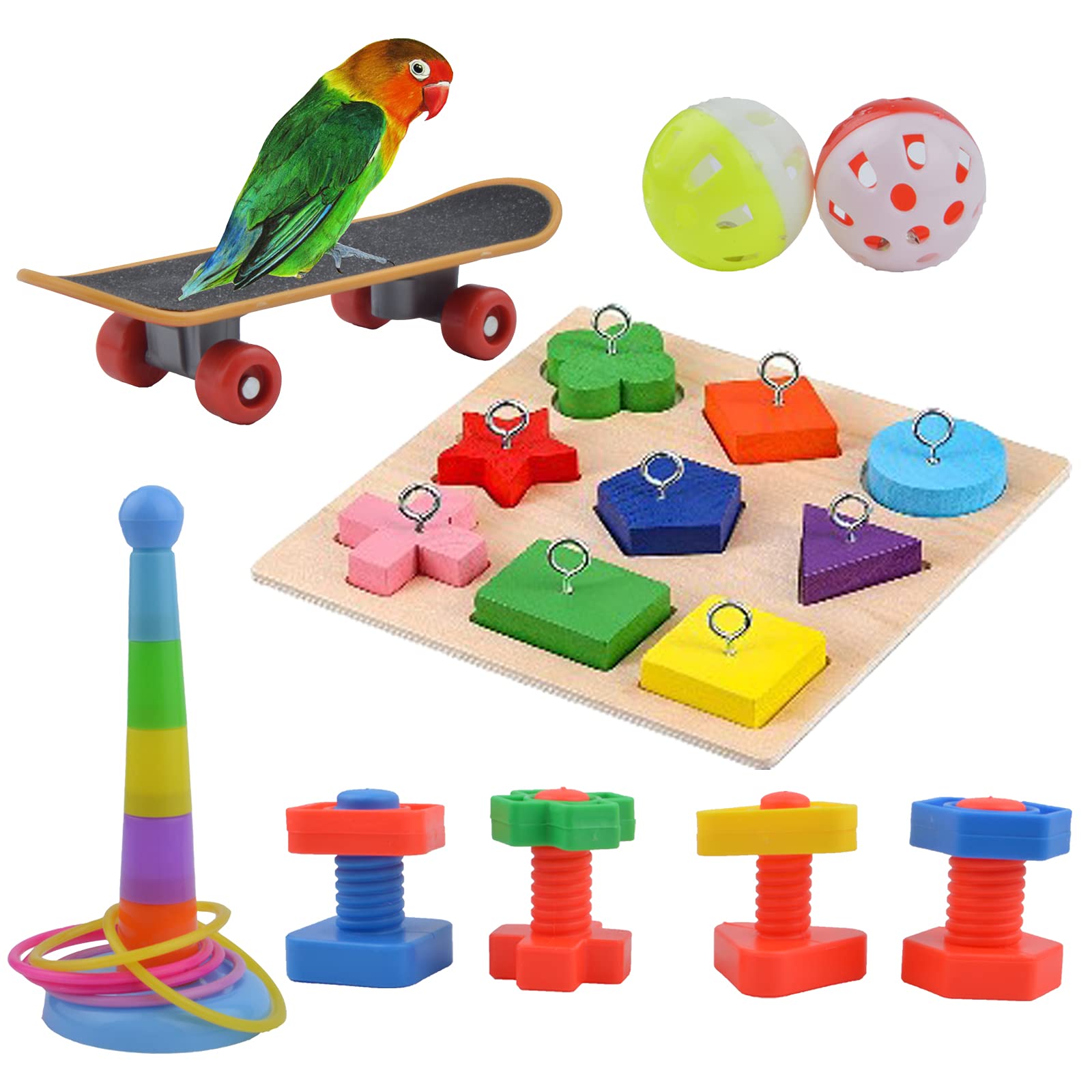 NY 9PCS Bird Training Toys, Parrot Intelligence Toy with Parakeet Skateboard Stacking Ring Puzzle Building Blocks Bell Ball Toy Screws, Foraging Toys for Parrots for Cockatiels, Macaws, Parrots