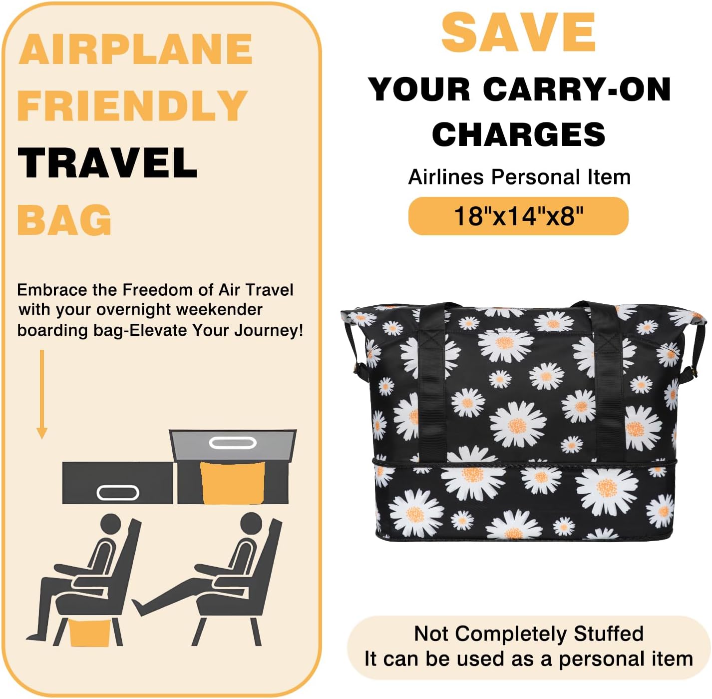 Expandable Travel Duffle Bag for Women Large - Daisy Floral Weekender Bags Waterproof Beach Tote Carry on Bag with Luggage Sleeve for Spirit Airlines Personal Item Bag Overnight Mom Hospital Duffels