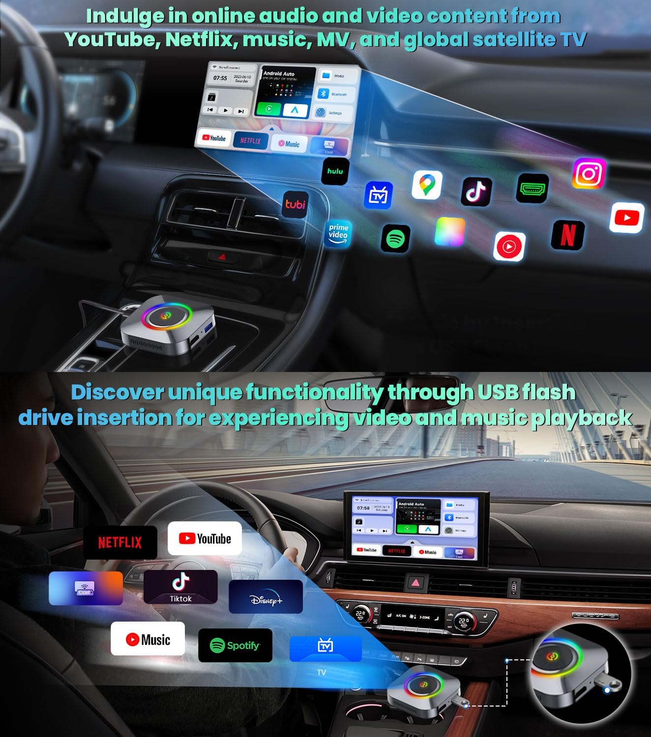 CarPlay AI Box displaying streaming apps like YouTube and Netflix on a car screen.