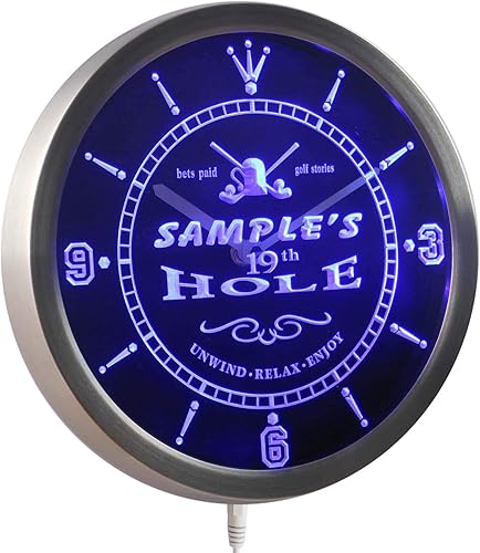 ADVPRO ncpi-tm Golf 19th Hole - Reloj de pared LED de neón con letrero de cerveza, barra de nombre personalizado