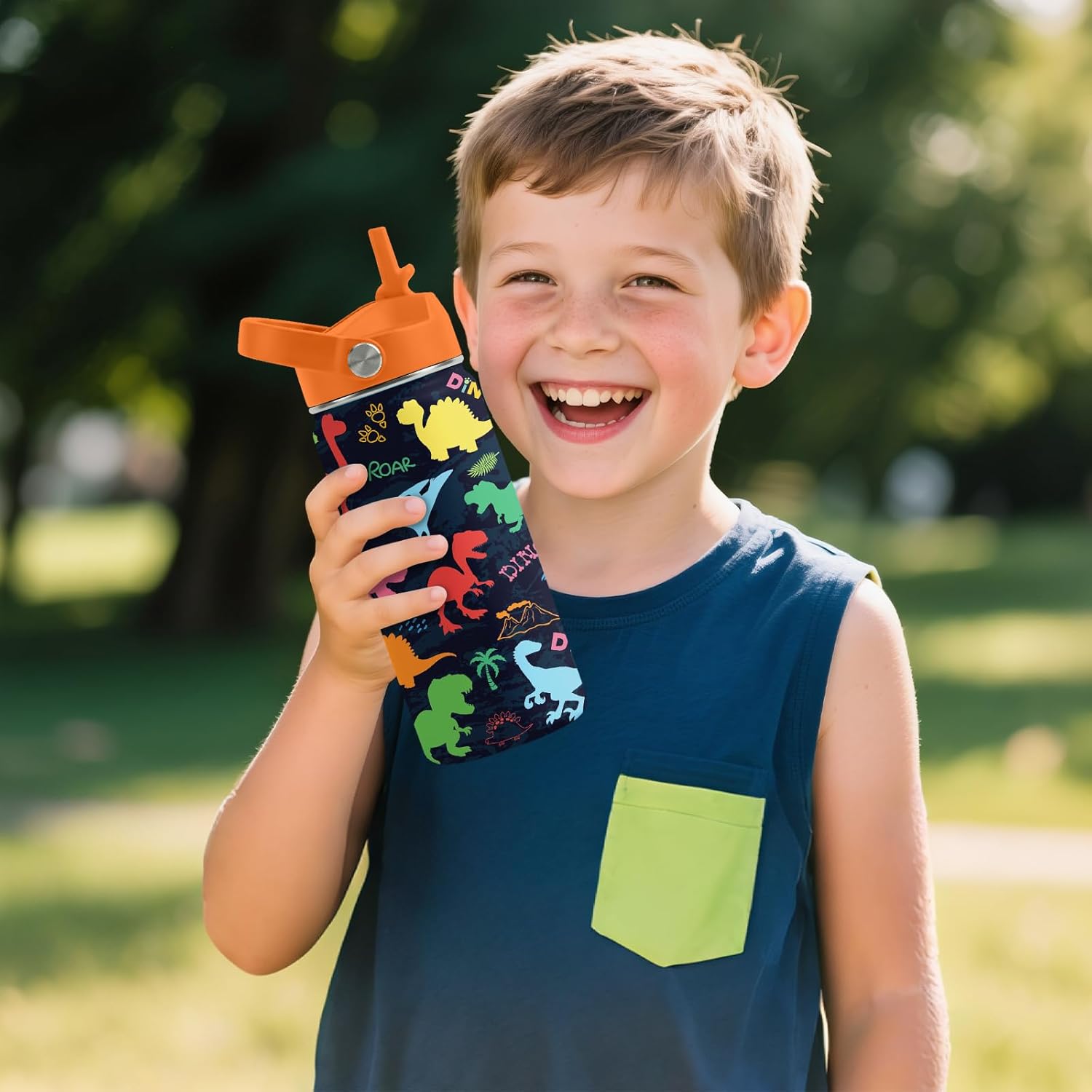 Dinosaur Gifts for Kids - 16oz Colorful Dino Water Bottle with Straw Lid, Stainless Steel Insulated Tumbler, Leakproof, BPA-Free, for Boys & Girls, School, Travel - Dino Lovers Birthday Gift Cup (1pc)