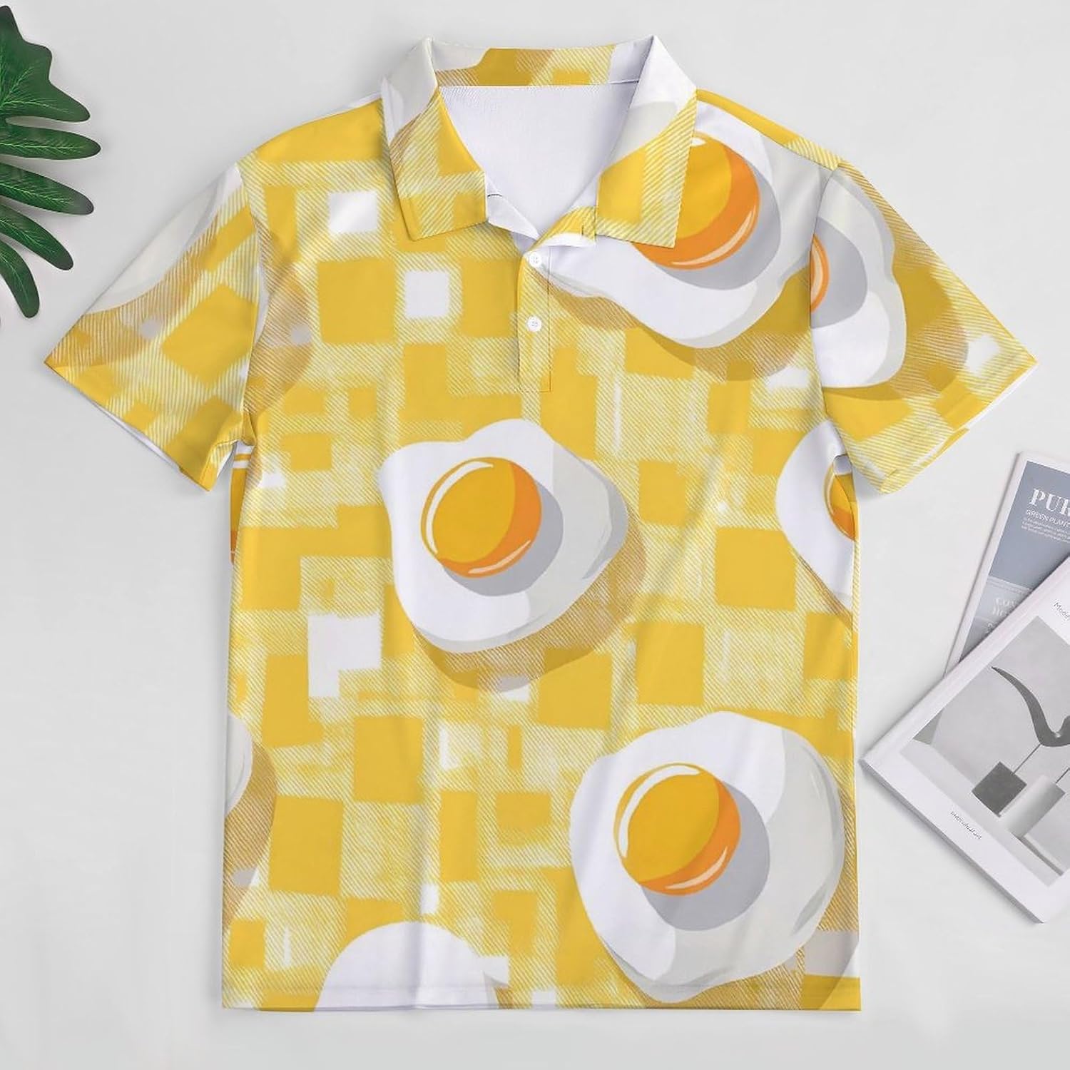 Fried Eggs Yellow Checkered Men's Polo Golf Shirts Collared T-Shirt | short sleeve,three button,quick dry,machine washable,summer tee top