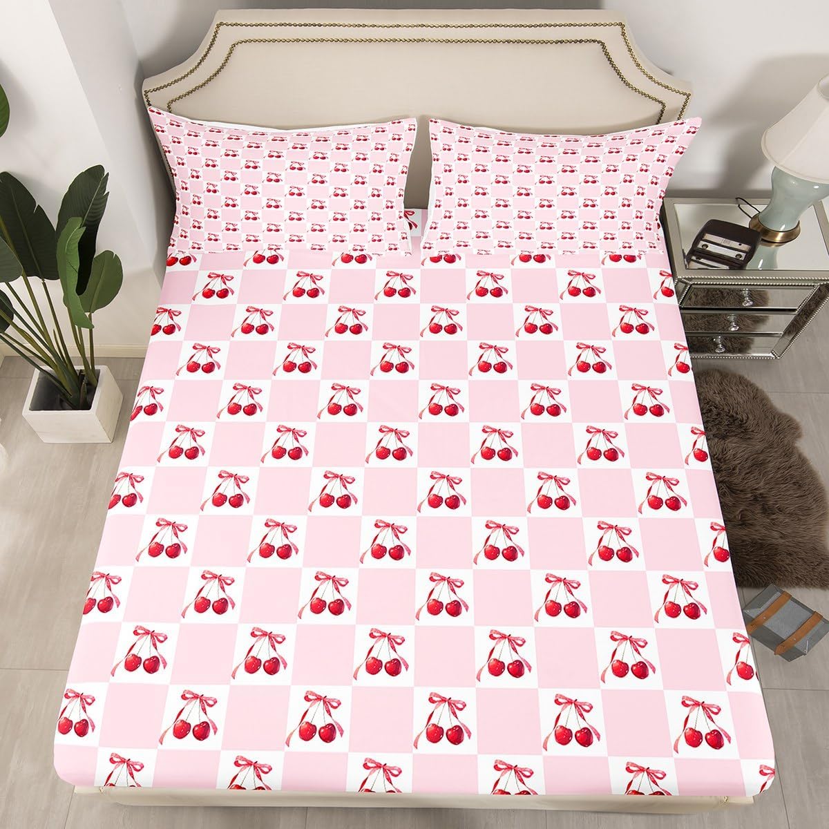 Dreamy Bow Minimalist Grids Plaids Fitted Sheet,Full Size Tropical Fruit Collections,Cartoon Cherry Bedding Deep Pocket for Children Teens Young with 2 Pillowcases(No Flat Sheet)