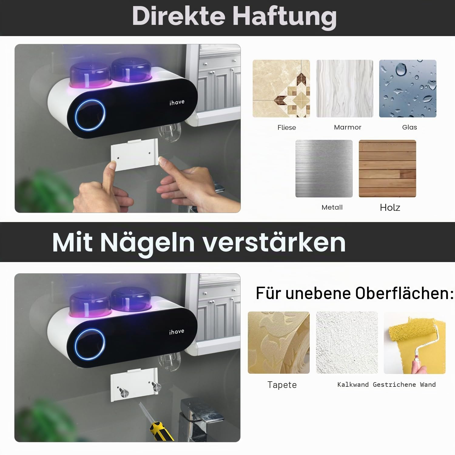 iHave Zahnbürstenhalter Wand ohne Bohren mit UV-Sterilisator & Zahnpastaspender – Toothbrush Holder Wall für elektrische Zahnbürsten Desinfektion, Toothbrush Sanitizer Set inkl. 2 Zahnputzbecher