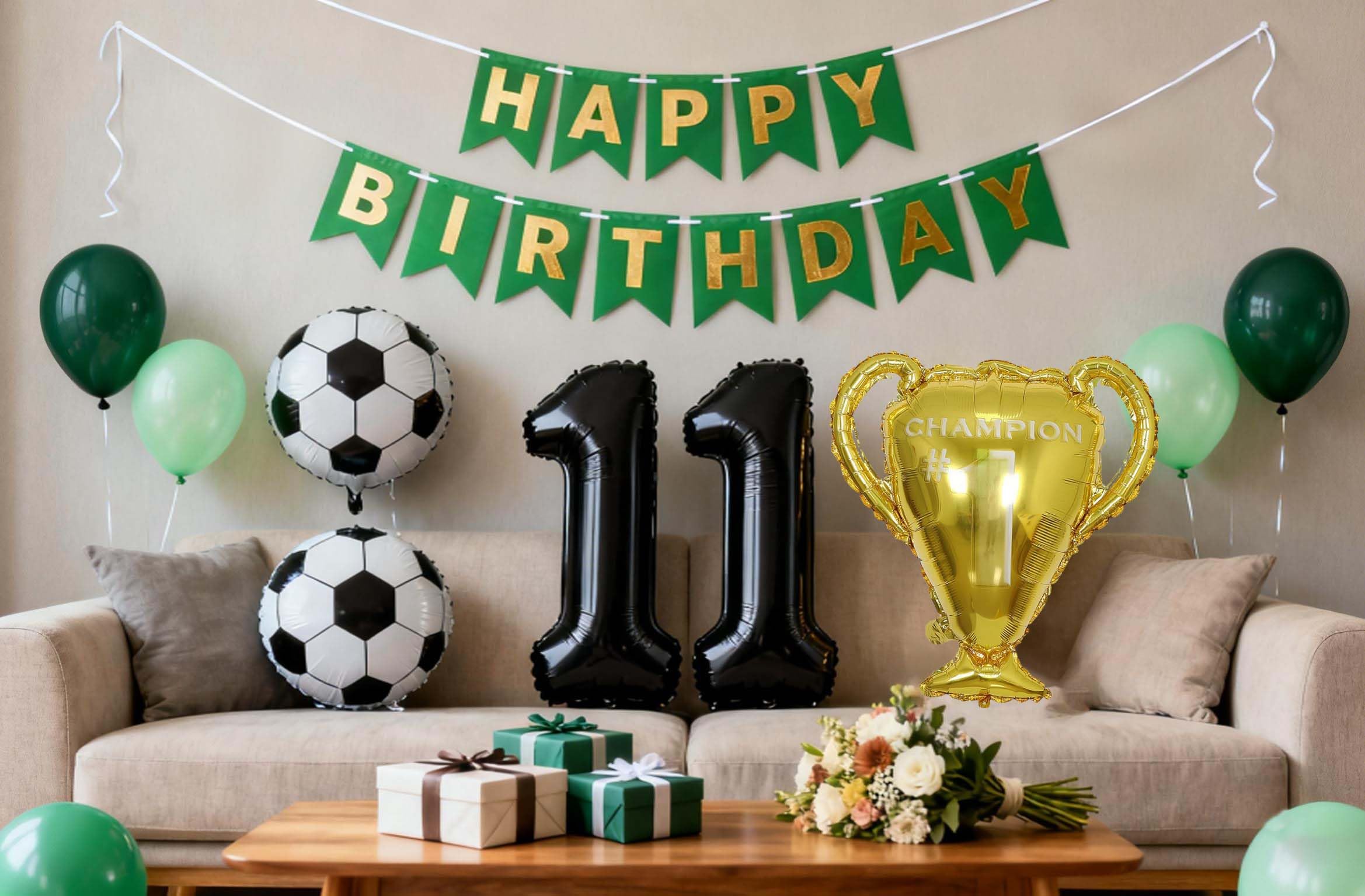 Soccer Balloons 11th Birthday Decorations for Boys, Birthday Banner Black White Soccer Trophy Number 11 Foil Balloons for World Cup Soccer Sports