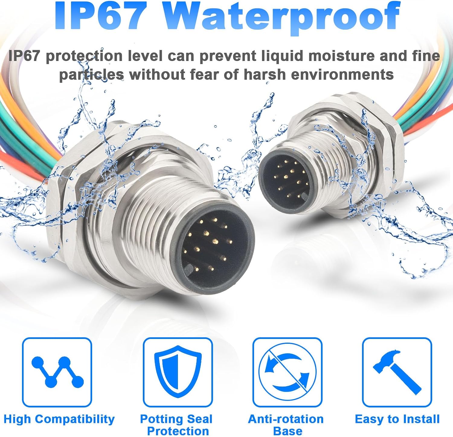 M12 Panel Mount Connector 12-Pin, IP67 Waterproof Sensor Connector | with 0.7ft Pre-Molded Cable, UnShielded Straight Industrial Circular Socket for Control Cabinets/Sensors 2 Pack