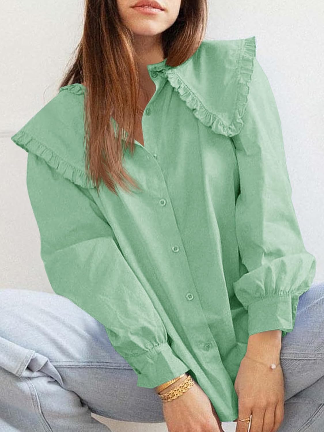 Tankaneo Womens Button Down Shirts Cotton Puff Sleeve Babydoll Blouse Fall Casual Doll Collar Tops - Image 5