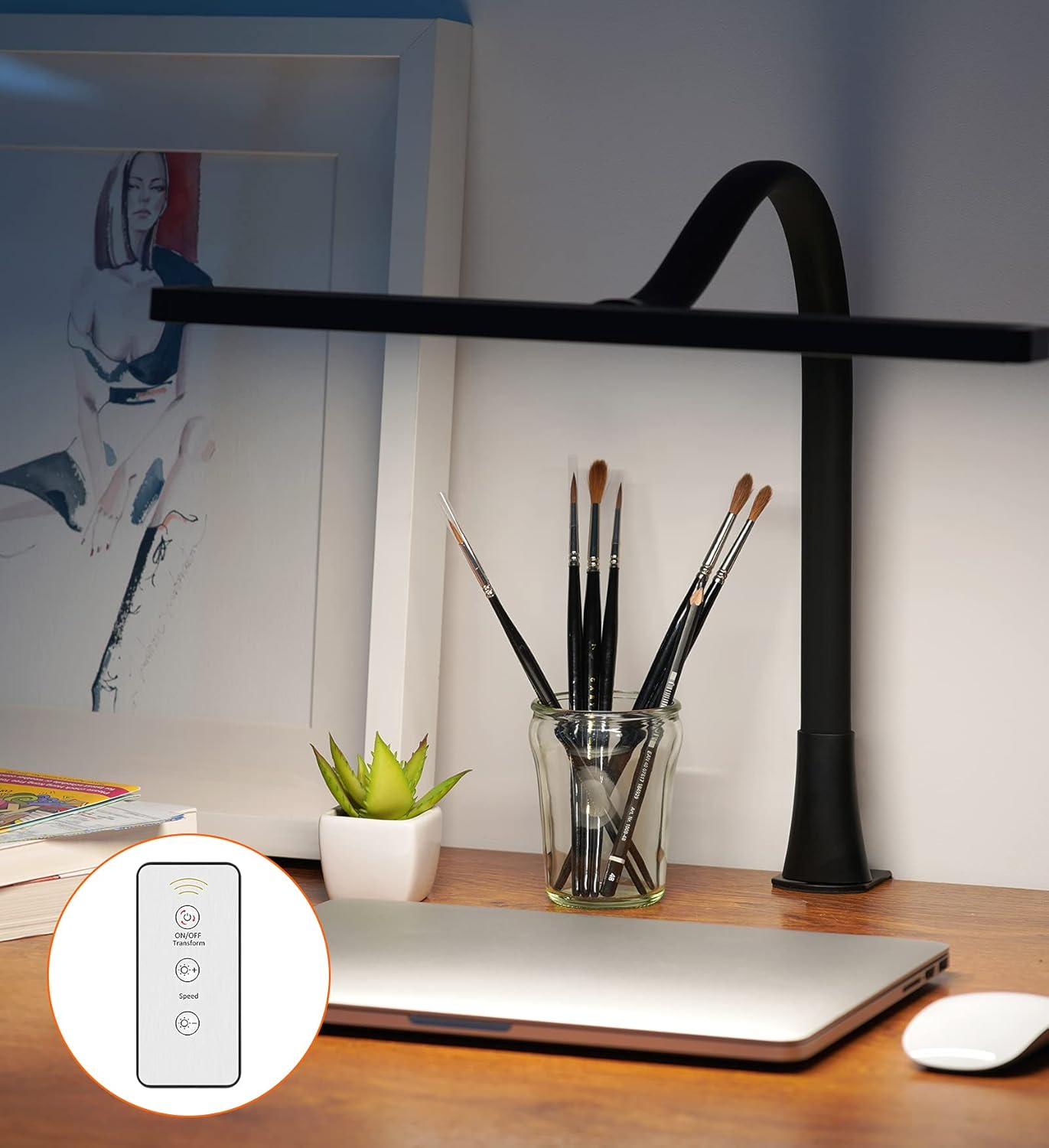 LED Desk Lamp with Remote Control - LUCKYCOW Gooseneck Desk Light with Clamp, 3 Light Modes and 10 Brightness Eye-Caring, 14W USB Powered Study Computer Lamp for Workbench/Home/Office Reading, Black - - 