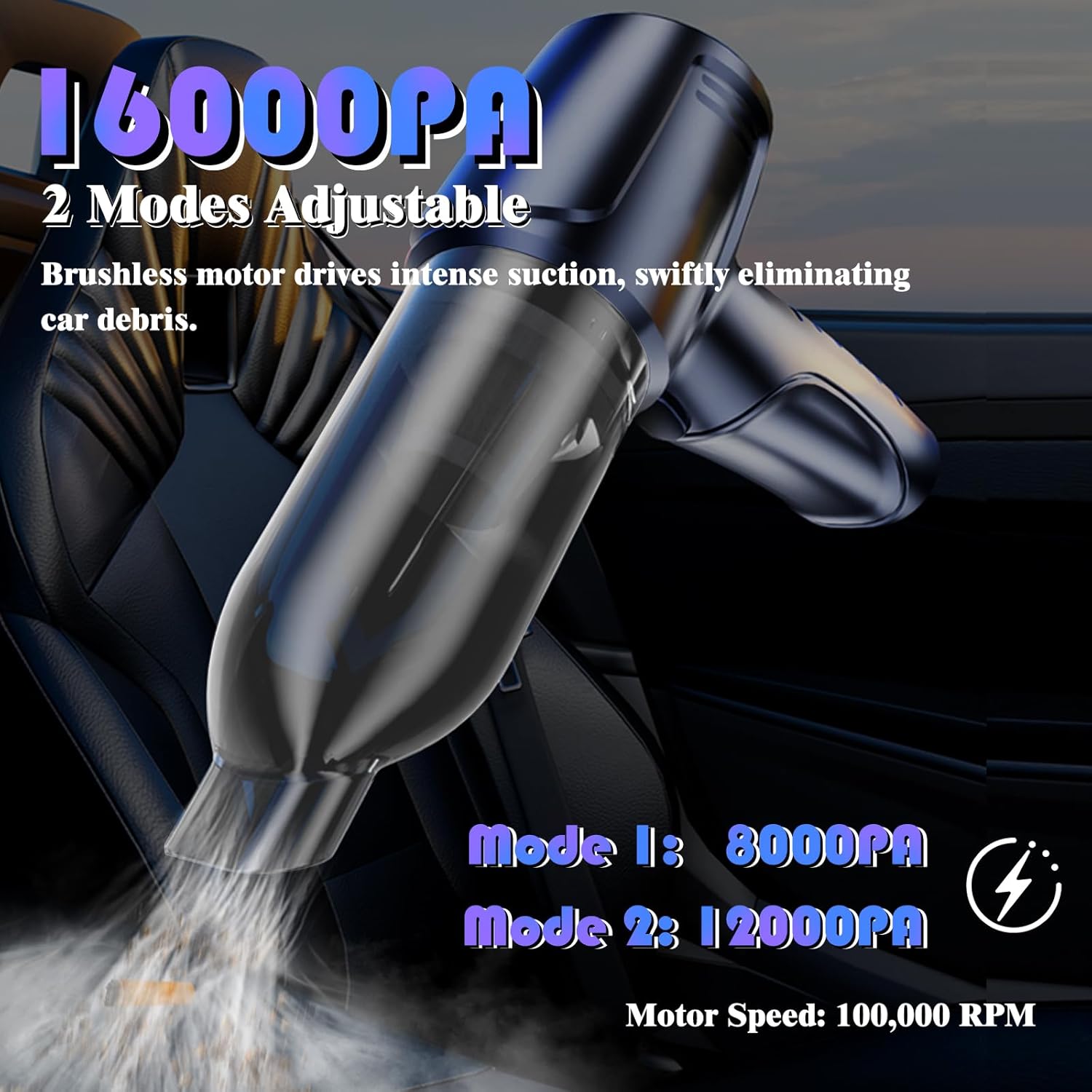 Car Vacuum Portable Cordless, 16000PA Powerful Suction, 5 in 1 Mini Handheld Vacuum Cleaner, Small Car Vacuum Cleaner, Brushless Motor, Air Duster, 4000mAh, Dual Filter, for Cars,Home,Office,Pet - Image 4