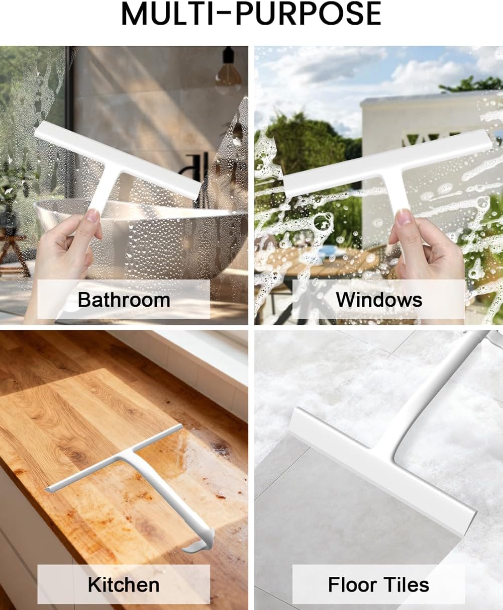 Shower Squeegee for Shower Glass Doors, Silicone Blade Whale Tail Hang Hook | 8" All-Purpose Bathroom Squeegee for Shower Glass Doors Mirror Window, Ergonomic Home Car Cleaner Tool, No-Squeak & Streak