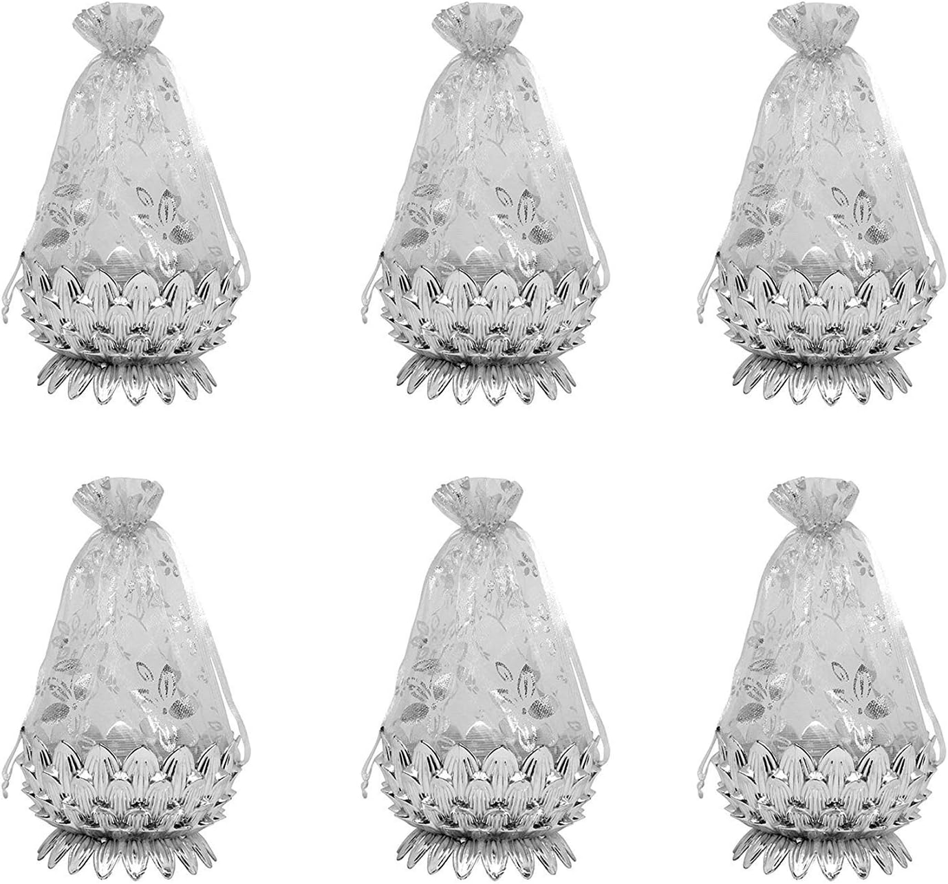 AASA Decorative Net Potli Baskets for Wedding Gift Basket for Packing Shagun Potli Bags for Return Gifts Pack of 1 (Silver, Set of 6Pcs)