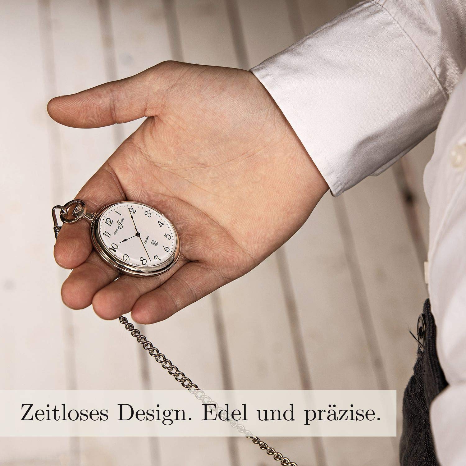 Hermann Jäckle Herren Taschenuhr Konstanz II Quarz 47 mm Silber | Quarzwerk, Datumsanzeige, großes Piloten-Zifferblatt, inklusive Kette und Reiseetui