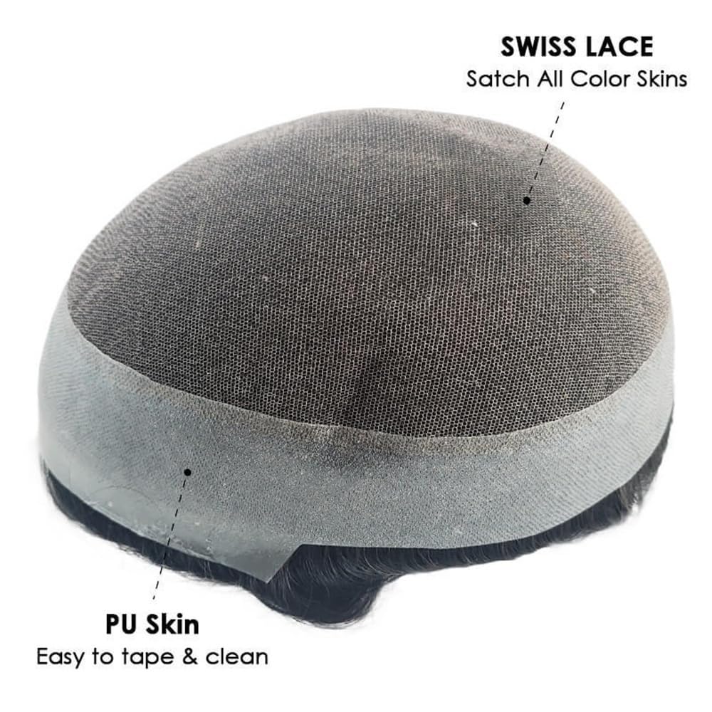 Men's Toupee Parrucca for uomo in capelli umani australiani con pizzo svizzero e pelle PU intorno, protesi for capelli maschili traspiranti(5x7)