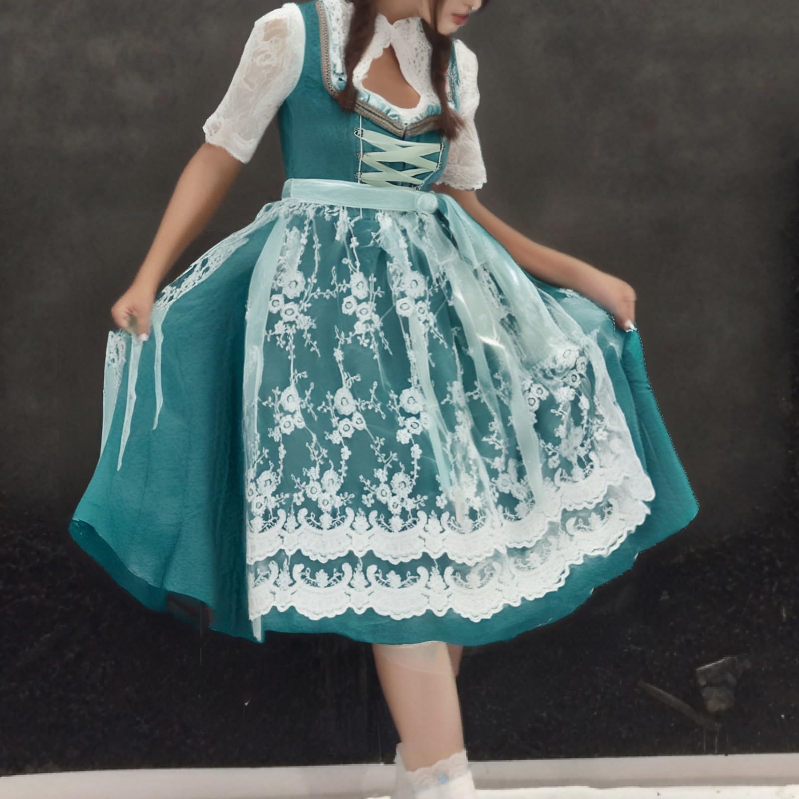 Dirndl Damen Trachtenkleid Midi 3 Teilig Oktoberfest Outfit Spitze Dirndlkleid Elegante Trachtenmode Trachtenrock Bayerisches Dirndl-Komplettsets Biermädchen Kleid Karneval kostüm Halloween