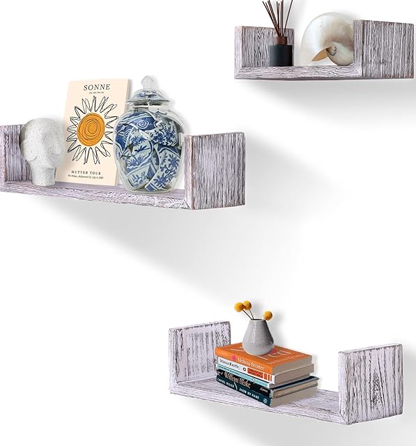 Rustic Wall Mounted U-Shaped Floating Shelves  Set of 3  Large, medium and Small  Screws and Anchors Included - Farmhouse Shelves for Bedroom, Living Room and more  Wall Décor - Rustic White