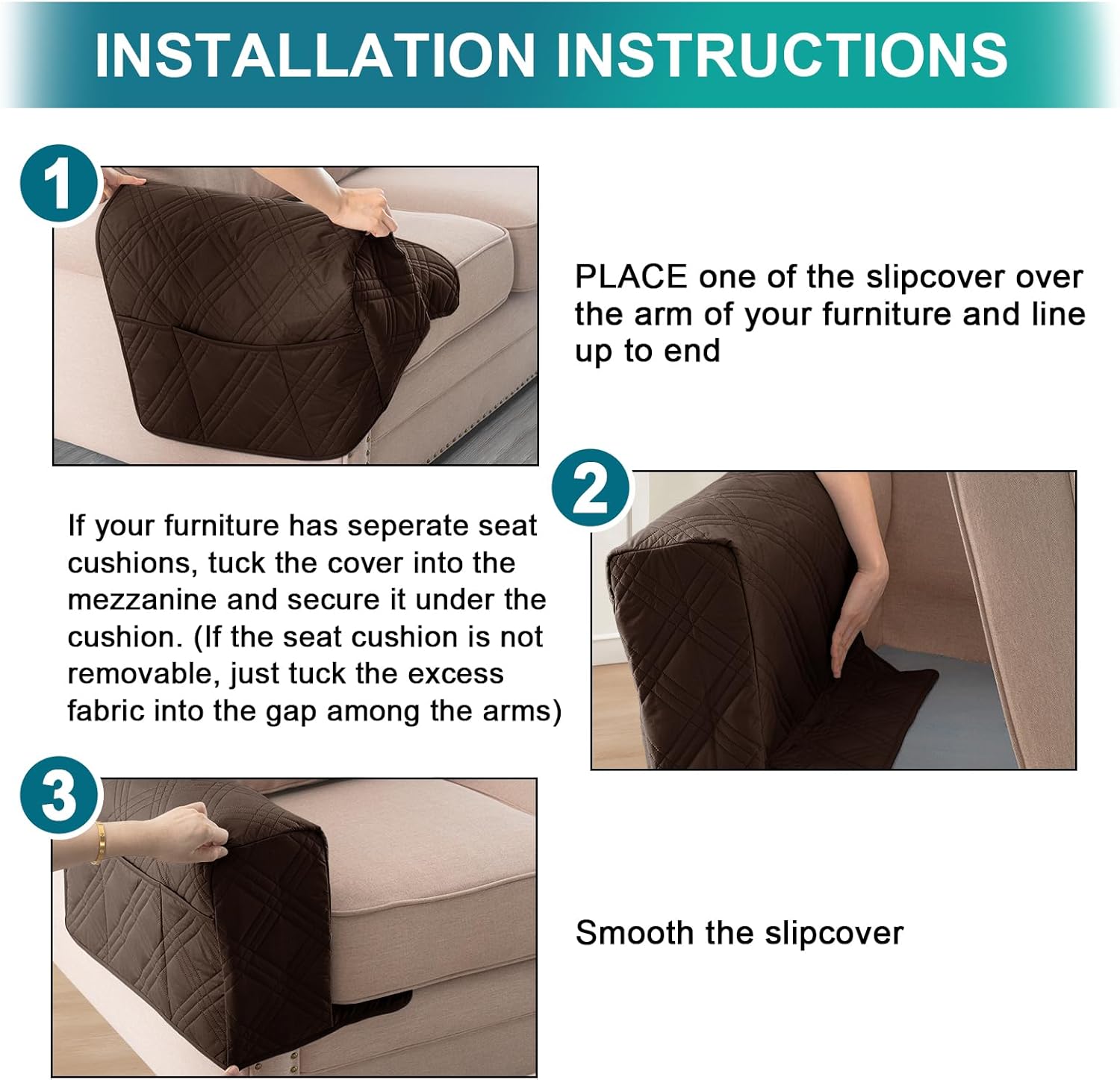 Turquoize Waterproof Armrest Covers for Chairs and Sofas 2 Pack Arm Protectors for Sofa with Side Pocket Anti-Slip Furniture Protector Washable Armrest Slipcovers Set of 2, Brown