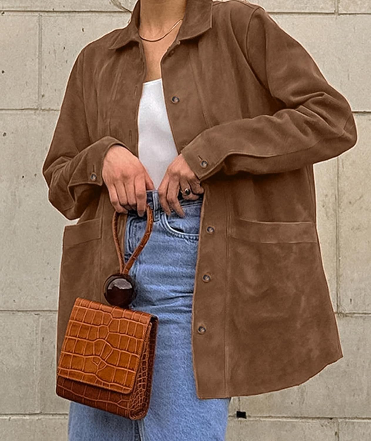 SEMATOMALA Women's Faux Suede Button Down Shirt Lapel Collar Shacket Casual Lightweight Fall Oversized Blouses Tops - Image 4