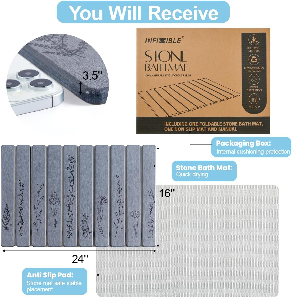 Foldable Stone Bath Mat - 24x16, Super Absorbent Diatomaceous Earth Large Bath Mats for Bathroom, Quick Dry Non-Slip Stone Drying Mats for Kitchen Counter & Bathtub (Dark Gray Floral Decor)