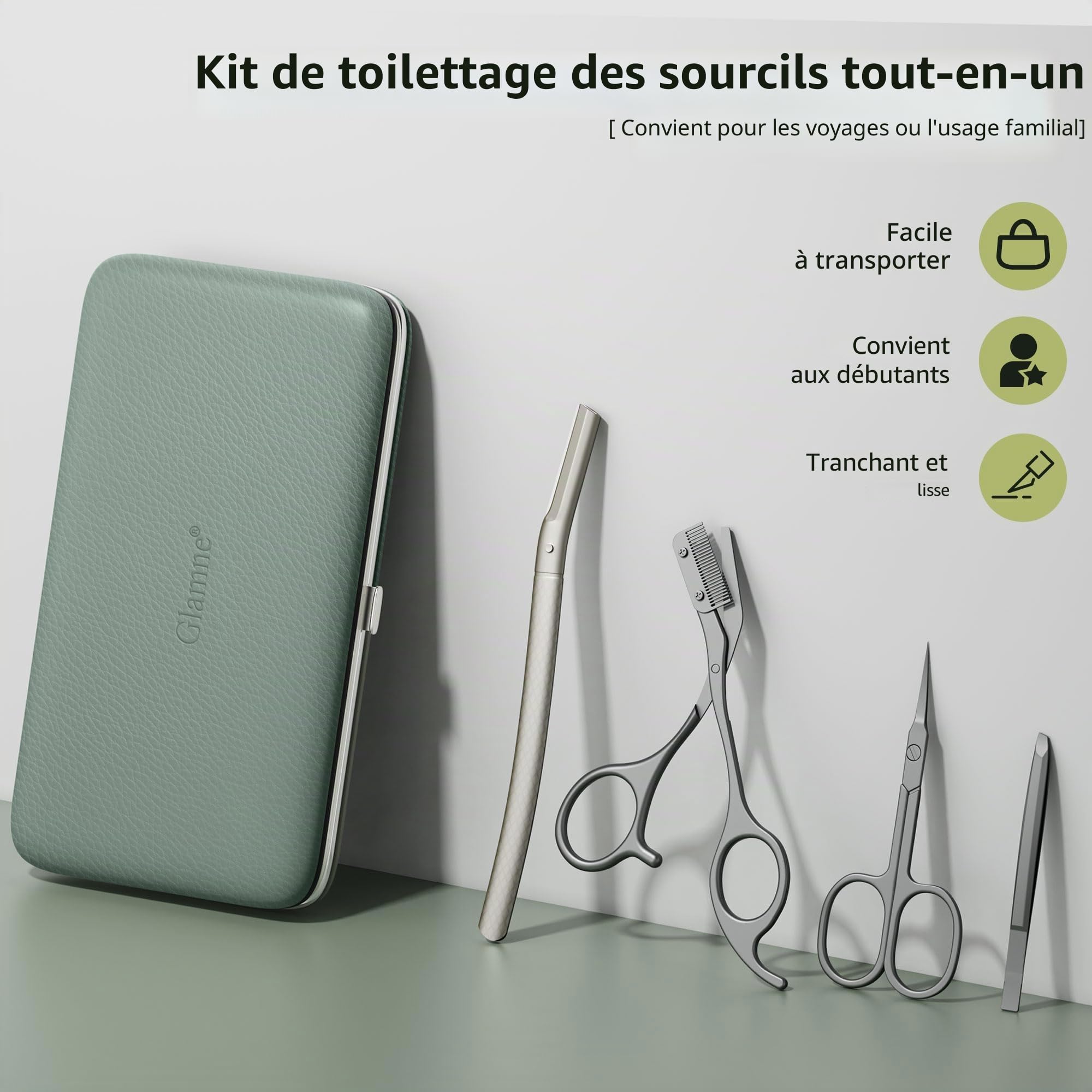 Glamne Kit de toilettage pour sourcils, ciseaux, pince à épiler, rasoir, rasoir facial, avec miroir et étui de voyage