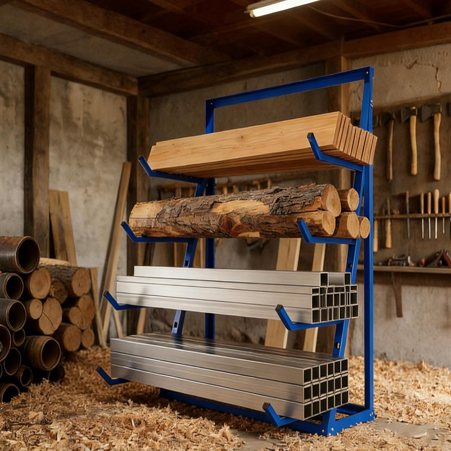 4000LBS Heavy Duty Lumber Storage Rack, 4-Tier Adjustable Utility Cantilever Rack, Freestanding Lumber Metal Storage Rack, 48"x16"x62" Pipe Rack for Garage, Lumber, Pipes, Firewood, Workshop