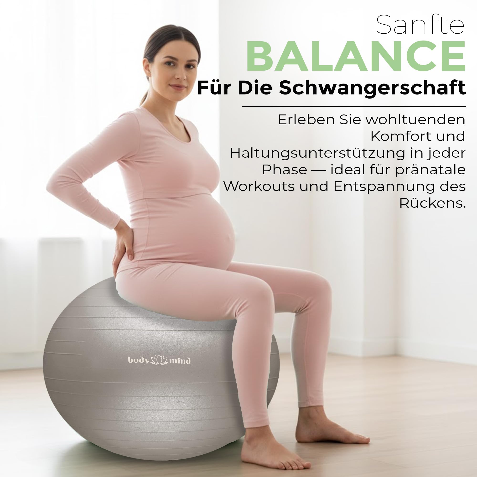 Body & Mind Gymnastikball inkl. Luftpumpe - Anti-Burst Pilates Ball, Pezziball für Schwangerschaft Ergonomischer Sitz als Büro-Stuhl, Sitzball für Yoga, Gymnastik & Workout