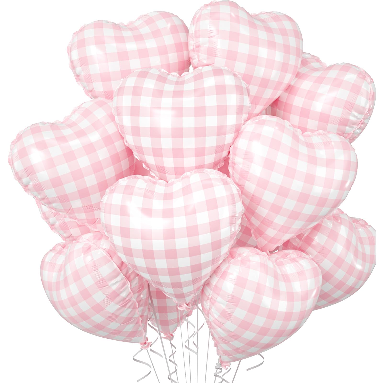 Pink White Checkered Heart Balloons, 10 Pcs Light Pink Grid Heart Shape Balloon, 18 Inch Lattice Foil Valentines Balloons for Kids Girls Birthday Wedding Valentines Bridal Baby Shower Party Decoration