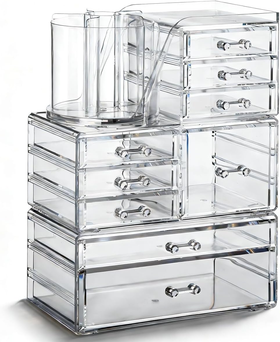 OTYMIOW 3 Tier Clear Acrylic Makeup Organizer Countertop with Brush Holder and 9 Drawers, Bathrooms, Stackable Large Makeup Organizer for Store Skincare, Brushes, Hair Accessories