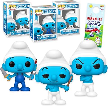 The Smurfs Funko Pop Set - Bundle with 3 Action Figures Grouchy, Vanity, Handy Smurf Plus Doo Hanger | Smurfs Figurines for Kids, Teens, Adults